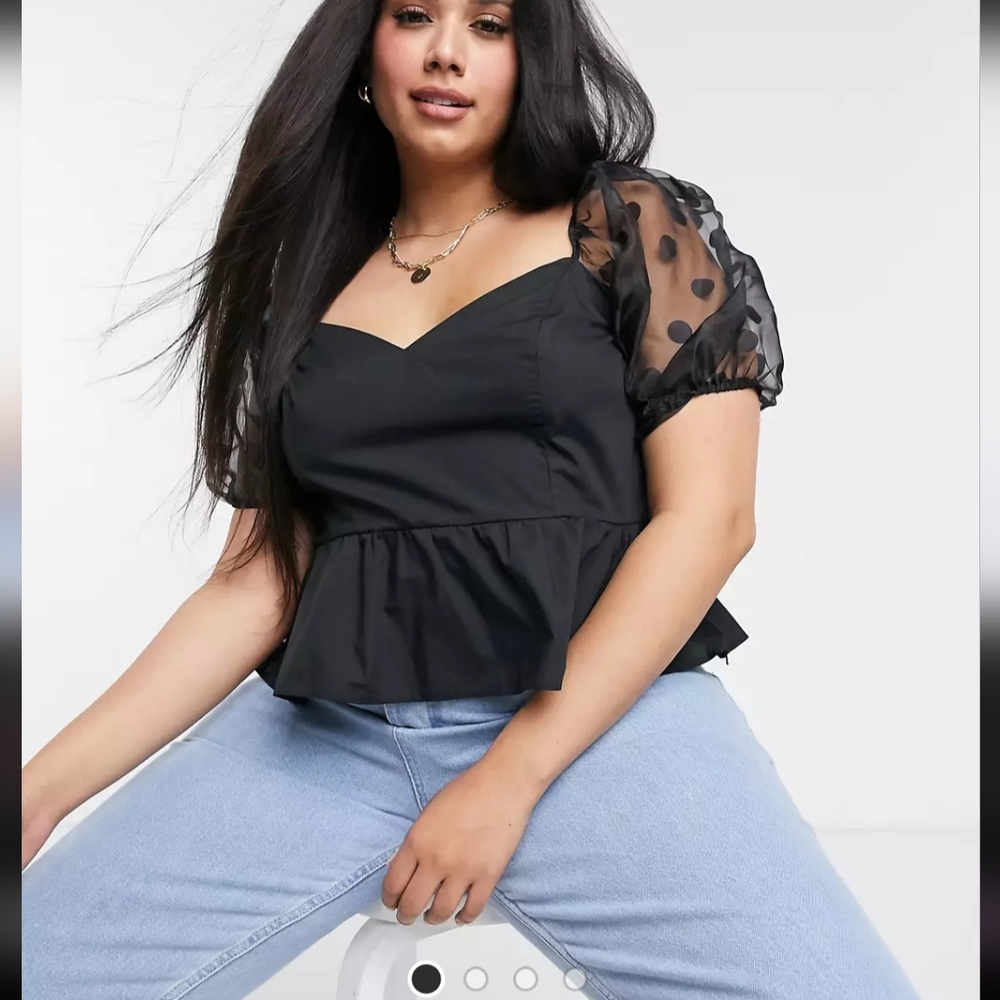 ASOS Design Curve Peplum top with Polka Dot Organza Sleeves